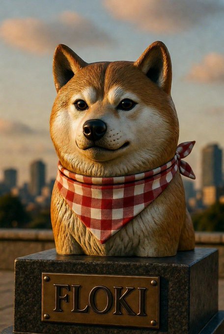 A statue of a Shiba Inu dog mascot wearing a red checkered bandana, mounted on a stone pedestal engraved with 'FLOKI'.