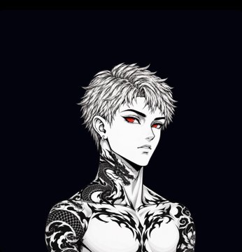 A black and white digital illustration depicts a muscular young man with spiky hair, red eyes, and tattoos across his body and neck.