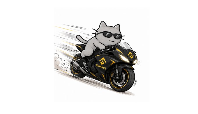 A variation of the previous illustration showing an anthropomorphic white cat with sunglasses riding the same black and yellow Binance motorcycle.