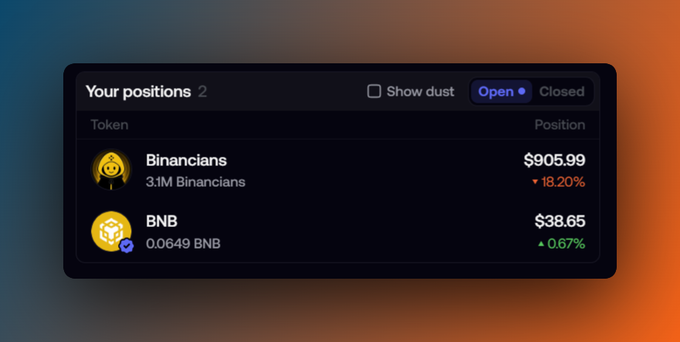 A crypto portfolio widget titled "Your positions" showing 2 holdings: 3.1M Binancians at $905.99 (down 18.20%) and 0.0649 BNB at $38.65 (up 0.67%). The interface has toggle options for "Show dust," "Open," and "Closed" positions.