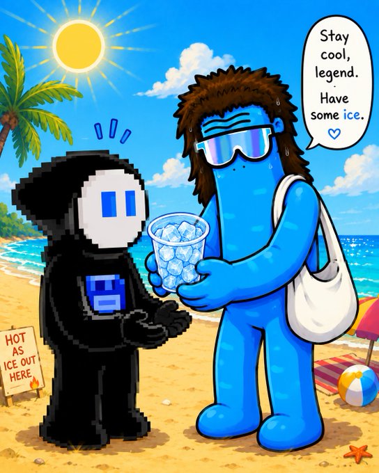 A colorful cartoon depicting a blue character with sunglasses offering a cup of ice to a black pixelated figure on a sunny beach, with a speech bubble reading "Stay cool, legend. Have some ice." and a sign saying "HOT AS ICE OUT HERE."