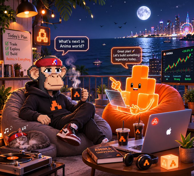 A pixel-art style illustration of a "Pixelmon" character and an orange, glowing character relaxing on beanbags on a balcony at night, with a city skyline in the background and a laptop displaying an "ANIMA" stock chart showing a +24.6% gain.