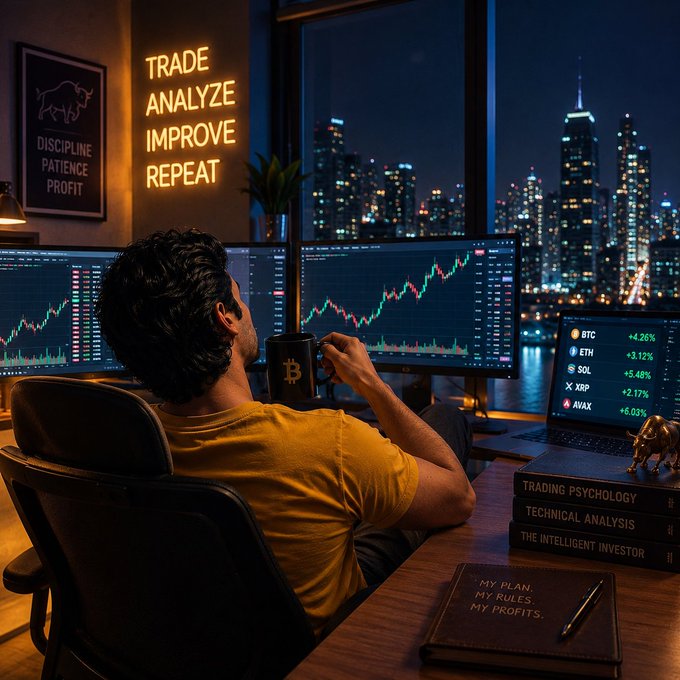 A man sitting at a desk with multiple monitors displaying cryptocurrency price charts, with a neon sign in the background reading 'TRADE ANALYZE IMPROVE REPEAT' and books on trading psychology.