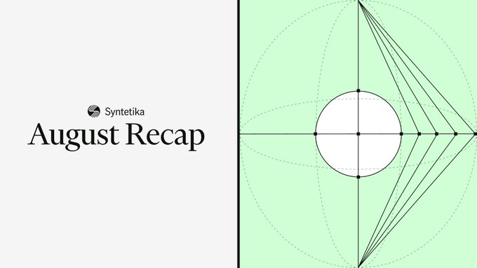A presentation slide titled 'August Recap' by Syntetika, featuring a geometric diagram with a circle and connecting lines on a green background.