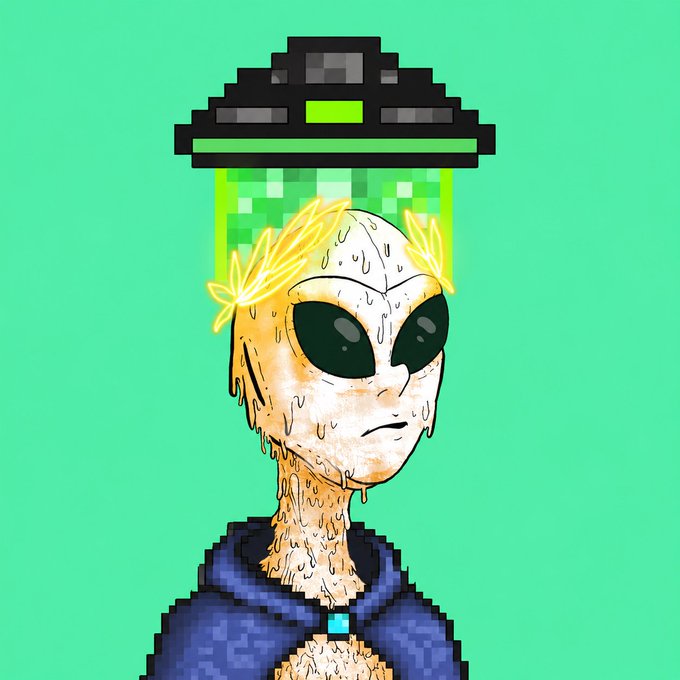 A stylized pixel-art alien character with large black eyes, wearing a blue hoodie and a floating pixelated hat/halo above its head, set against a solid green background.