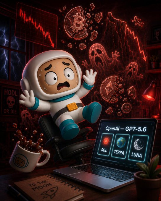 A panicked cartoon astronaut sits at a desk as cryptocurrency charts crash and ghosts labeled "SOL," "TERRA," and "LUNA" haunt the scene, with a laptop displaying "OpenAI – GPT-5.6" alongside the doomed coins—capturing the "oh no" moment of watching AI tokens and the Solana/Terra/Luna ecosystems spiral into disaster, complete with "HODL OR DIE" and "TO THE MOON" meme warnings.