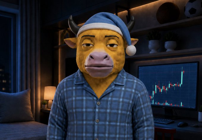 A yellow bull character in pajamas and a sleep cap stands in a dimly lit room beside a monitor displaying a green candlestick chart. The bull, symbolizing market gains, pairs with the post's celebration of profits on #niulai and anticipation of further upward movement.