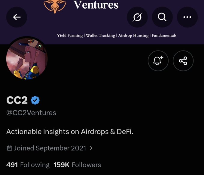 A Twitter/X profile for 'CC2 Ventures' (@CC2Ventures) offering 'Actionable insights on Airdrops & DeFi' with 159K followers, joined September 2021.