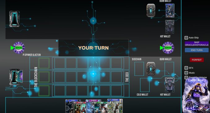 A digital card game interface displays 'YOUR TURN' with sidechain zones, burn and cold wallets, and a 'BCH Beats' NFT in the corner.