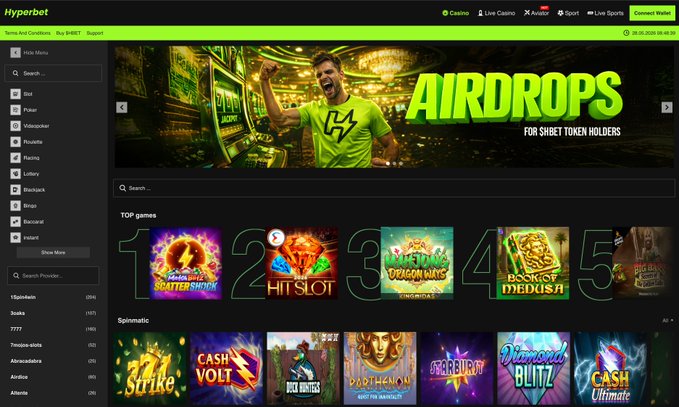 The image shows a computer screen with an iGaming platform displaying several slot machine games, including Airdrops. The text "Airdrops" is prominently displayed, suggesting that this platform focuses on slot machines or other gambling options. Additionally, there are descriptions of the different types of slots available for play and a rating system, indicating that the site offers various game experiences with corresponding ratings to help users select their preferred games based on skill levels or preferences. The post also emphasizes the benefits of using Hyperbet iGambling platform and encourages users to try it out if they find it more efficient in terms of game processing time for withdrawals.