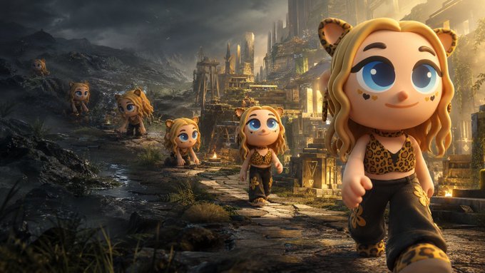 A group of cute blonde leopard-print cartoon characters with large blue eyes walk in a line through a dark, moody landscape leading toward a glowing ancient city. The image complements the motivational post by visually representing the journey of evolution and growth, with each character symbolizing a step toward becoming a better version of oneself, tied to the NFT collection "The..." referenced via the Opensea link.