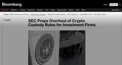 A Bloomberg article titled "SEC Preps Overhaul of Crypto Custody Rules for Investment Firms" is displayed on screen, accompanied by an image of a magnifying glass examining Bitcoin cryptocurrency, visually reinforcing the post's discussion of impending SEC regulatory changes for crypto custody and their potential bullish impact on XRP.