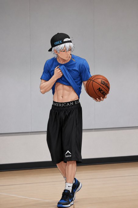 An anime illustration of a muscular character with white hair wearing a black 'VIREX' cap, a blue t-shirt pulled up to show his abs, American Eagle underwear, and dark shorts, holding a Wilson NCAA basketball.