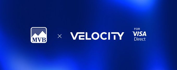 A promotional graphic on a blue background showing the logos for 'MVB' and 'VELOCITY' separated by an 'x', indicating a partnership for Visa Direct.