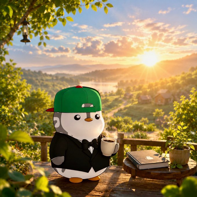 A cartoon penguin wearing a green cap, black suit, and bow tie holds a steaming cup of coffee on a wooden balcony overlooking a sunny landscape.