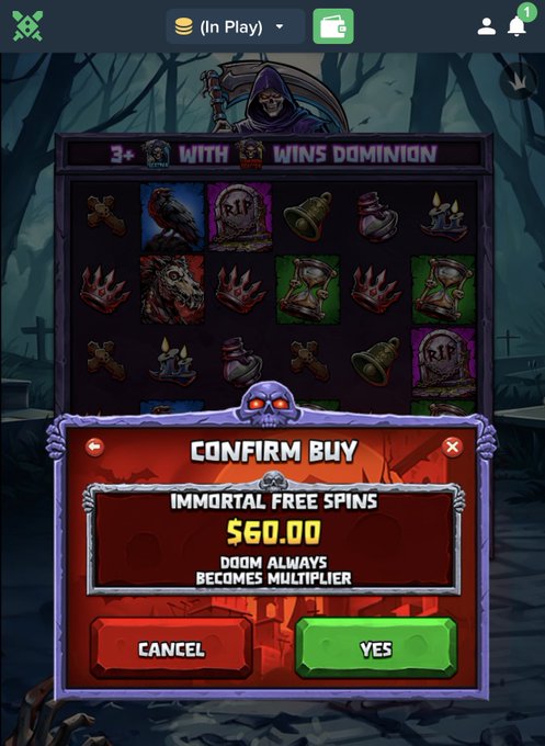 The image shows a "Confirm Buy" pop-up for "Immortal Free Spins" costing $60.00, related to the user's new game.