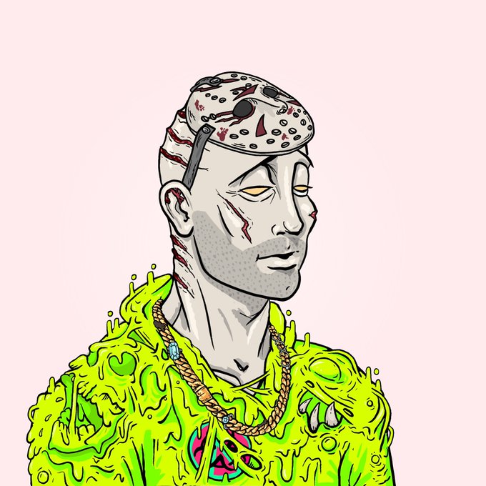 An illustration shows a man wearing a hockey mask and a dripping neon-green slime-covered outfit with a gold chain necklace, rendered in a cartoonish style.