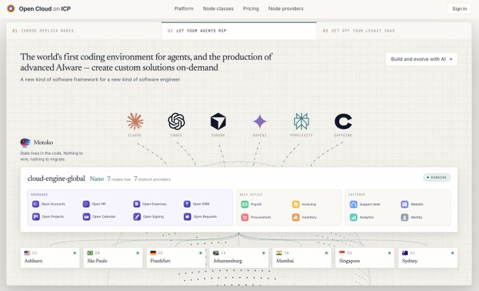 Open Cloud on ICP website describing 'The world's first coding environment for agents' with integration diagrams showing cloud-engine-global with 7 nodes and 7 extinct providers across global cities.