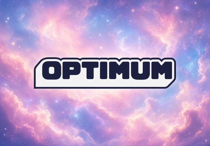 The word "OPTIMUM" in bold white letters with a black outline is displayed against a vibrant pink and blue cosmic nebula background.