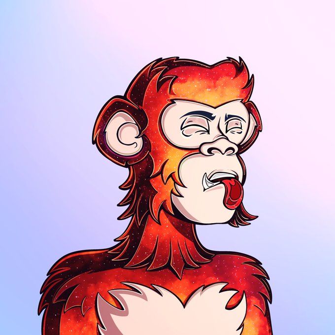 A cartoon-style illustration of a red/orange fiery monkey with a galaxy-textured body, smirking expression and tongue out against a purple gradient background.