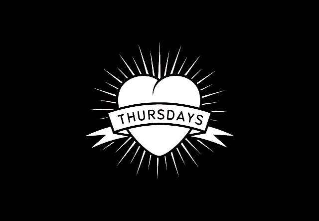 A black and white graphic design features a heart with a banner reading 'THURSDAYS' across it, surrounded by rays.