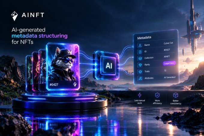 An advertisement for AINFT featuring a digital cat NFT character, describing 'AI-generated metadata structuring for NFTs' with a metadata panel showing traits like 'Cyber Cat', 'Legendary', and 'AI Generated'.