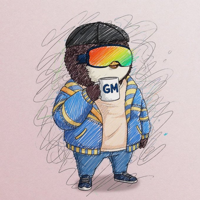 An illustrated cartoon character resembling a round, fluffy creature wears a black beanie, rainbow-colored ski goggles, a blue and yellow tracksuit, and drinks from a white mug labeled "GM".
