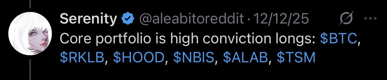 The image features a Twitter post with a person's name at the top of the post, followed by a list of core portfolio ideas written in blue text. The post also includes a hashtag (#ALAB) and mentions another user named #RSKLB. The content of the post seems to be focused on investing strategies or financial advice for followers.