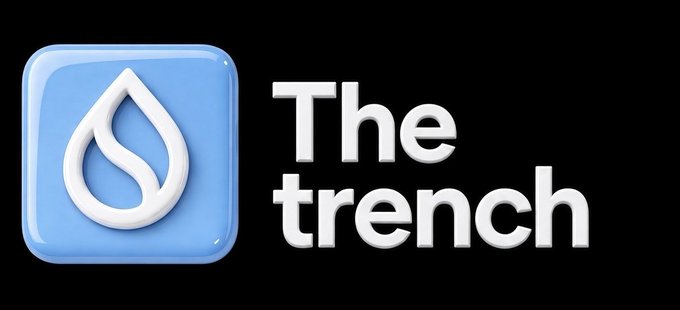 A logo features a blue square containing a white flame/leaf symbol next to the text 'The trench' in white lettering on a black background.