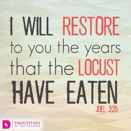 A graphic displaying the Bible verse Joel 2:25 in bold black and red text on a textured beige background, with a 'Daughters of the Creator' logo.