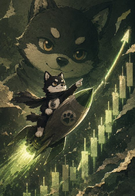 An illustration of a black and white cat character riding a rocket upward, with a larger cat face in the background and green ascending candlesticks.