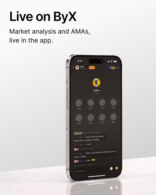A smartphone displays the ByX app showing a live audio room hosted by "Cathy" (Host), where 24 listeners are tuning in for market analysis and AMA discussions, with chat messages visible about livestream investing in demo trading. The image illustrates the app's real-time live audio feature, allowing users to participate in and listen to market discussions as they're happening.