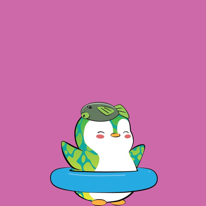 A cartoon penguin character with a green fish on its head smiles while standing in a blue inner tube against a pink background, whimsically illustrating the need for more "Pudgy Penguins" as mentioned in the caption.