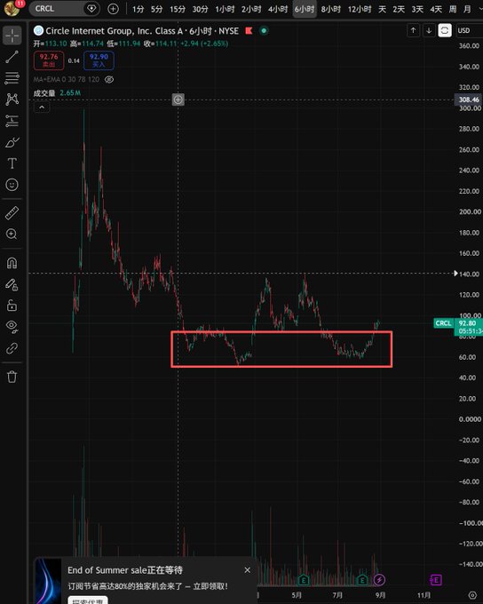A stock chart for Circle Internet Group, Inc. (CRCL) is shown with a red box highlighting a price range, and a banner reading 'End of Summer sale' is at the bottom.