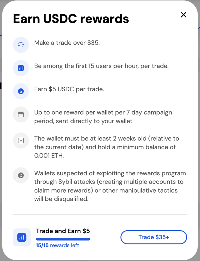 A promotional popup titled 'Earn USDC rewards' offering $5 USDC per trade over $35, limited to the first 15 users per hour, with terms about wallet age and Sybil attack prevention.