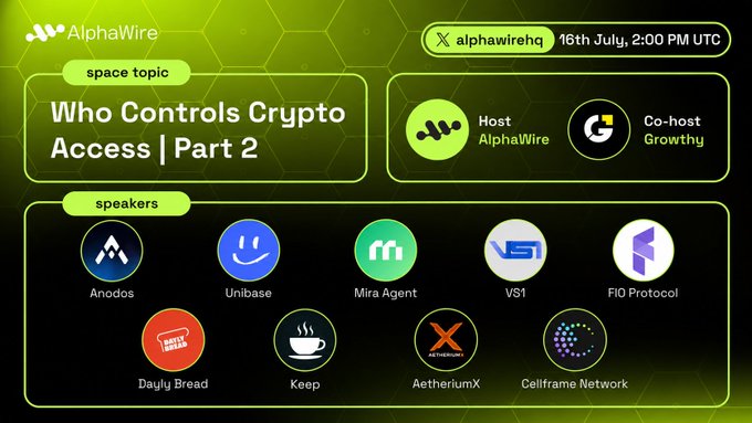 A promotional graphic for an AlphaWire X Spaces event titled 'Who Controls Crypto Access | Part 2' scheduled for 16th July, 2:00 PM UTC, hosted by AlphaWire and co-hosted by Growthly, featuring speakers from Anodos, Unibase, Mira Agent, VS1, FIO Protocol, Dayliq Bread, Keep, AetheriumX, and Cellframe Network.