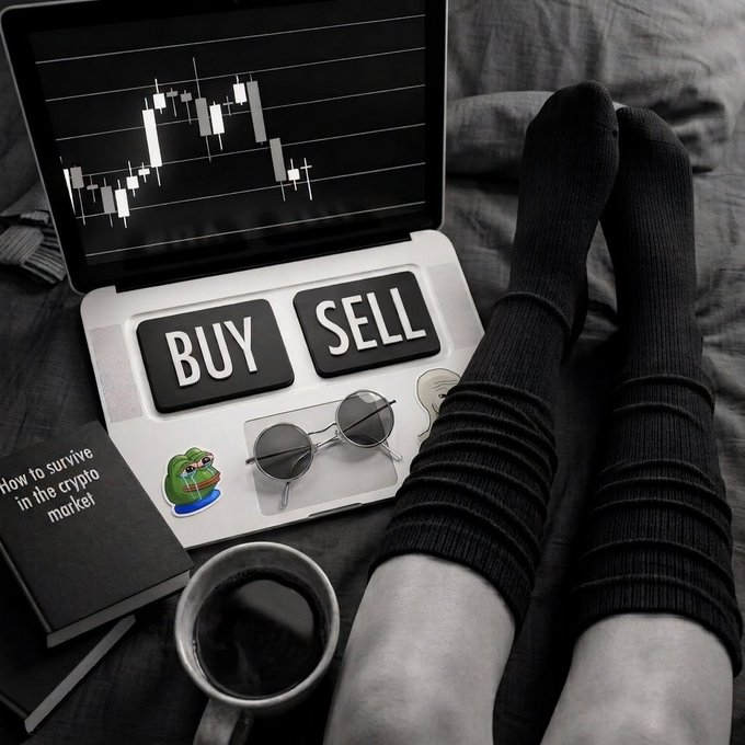 A black and white styled image of a person wearing dark socks, with a laptop displaying financial charts, a book titled 'How to survive in the crypto market,' sunglasses, and a coffee mug.
