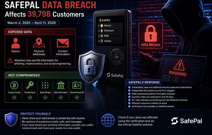 An infographic titled "SAFEPAL DATA BREACH" warns that 39,798 customers were affected between March 2, 2025 and April 11, 2026, exposing names, physical addresses, and contact information while crypto funds, private keys, seed phrases, bank information, and government IDs remain uncompromised.