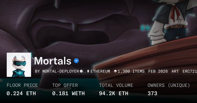 An OpenSea collection page for “Mortals” shows Ethereum metrics including a 0.224 ETH floor price, 0.181 WETH top offer, 94.2K ETH total volume, and 373 unique owners. The image highlights the collection’s Ethereum trading data, while the post argues that its 3.24M MON in historical volume on Monad should also be reflected.