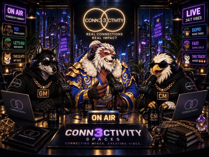 Three anthropomorphic mascots—a "GM" wolf, a regal red panda in a crown and robes, and a "CM" eagle—host a livestreamed Twitter Space from the neon-lit "CONN3CTIVITY" studio, with the central host plugging an upcoming appearance by guests from @FortuneFoes alongside @0xPooria.