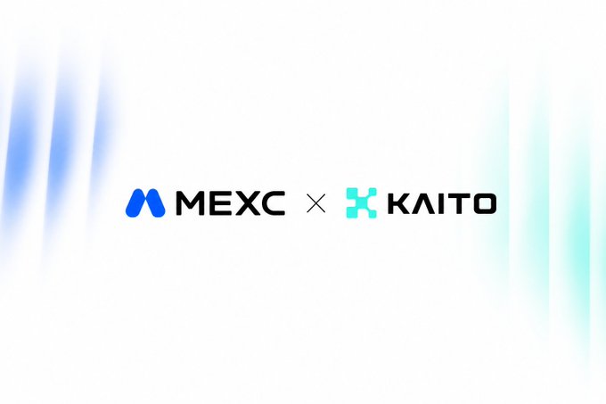 A white screen displays the logos for 'MEXC' and 'KAITO' separated by an 'x', with subtle blue and teal vertical light streaks on the sides.
