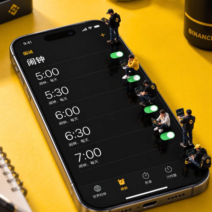 A smartphone displays an alarm app with multiple alarms set at 5:00, 5:30, 6:00, 6:30, and 7:00, surrounded by miniature figures of people checking devices and Binance-branded items on a yellow surface. The early wake-up times humorously tie into the "GM" (Good Morning) post, suggesting the user is an early riser ready to engage with the crypto community.