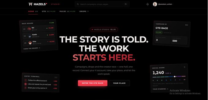 Screenshot of the Hazels Studio website with the headline 'THE STORY IS TOLD. THE WORK STARTS HERE.' featuring leaderboards, campaigns, GTD Races, and a social score of 1,240.