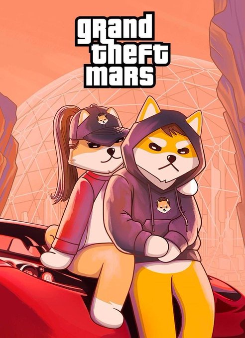 Two anthropomorphic Shiba Inu characters—one wearing a cap and the other in a hoodie, both featuring "Shiba" branding—pose coolly against a futuristic domed cityscape, with the text "GRAND THEFT MARS" displayed prominently at the top, evoking a space-themed spin on the Grand Theft Auto series that fits the "Ultimate" meme's grandiose tone.
