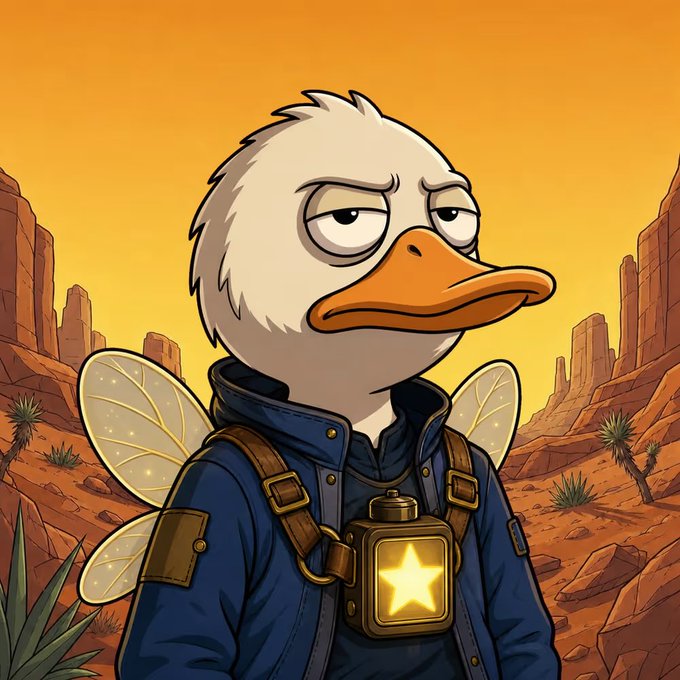 Cartoon illustration of an anthropomorphic duck with insect wings wearing a blue jacket and a star-emblazoned lantern in a desert setting.