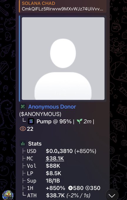 A cryptocurrency tracker screenshot showing a token called 'SOLANA CHAD' by 'Anonymous Donor ($ANONYMOUS)' with a market cap of $38.1K and an 850% price increase.