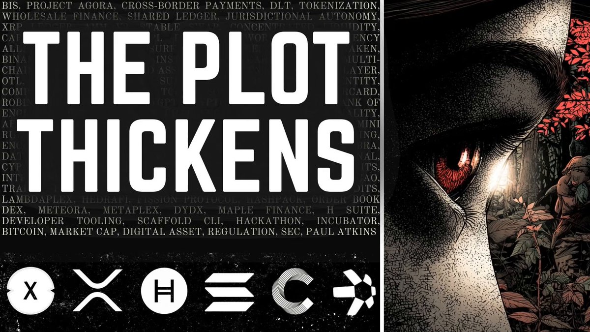 The image features a close-up of an eye with red eyeshadow, accompanied by text that reads "THE PLOT THICKENS" and "THE PLOT THICKENS THE PLOT THICKENS THE PLOT THICKENS". The background is black, which contrasts with the white text. There are also several symbols in the image, including a dollar sign symbolizing money and an arrow pointing upwards, possibly indicating progress or growth.