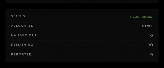 A dark-themed status panel showing 'STATUS: CONFIRMED' with 'ALLOCATED: 10 WL', 'HANDED OUT: 0', 'REMAINING: 10', and 'REPORTED: 0'.