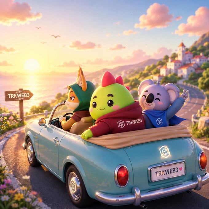 The image features three cartoon characters, including two dogs and one cat, sitting inside a car with a blue roof. The car appears to be an old-fashioned convertible, adding a nostalgic touch to the scene. The background of the image shows a beautiful sunset over a body of water, creating a serene atmosphere. There is also a sign in the background that reads "@TRKWEB3". This suggests that the image might have been created for a social media post or advertisement related to the character Trkweb3 and their adventures.