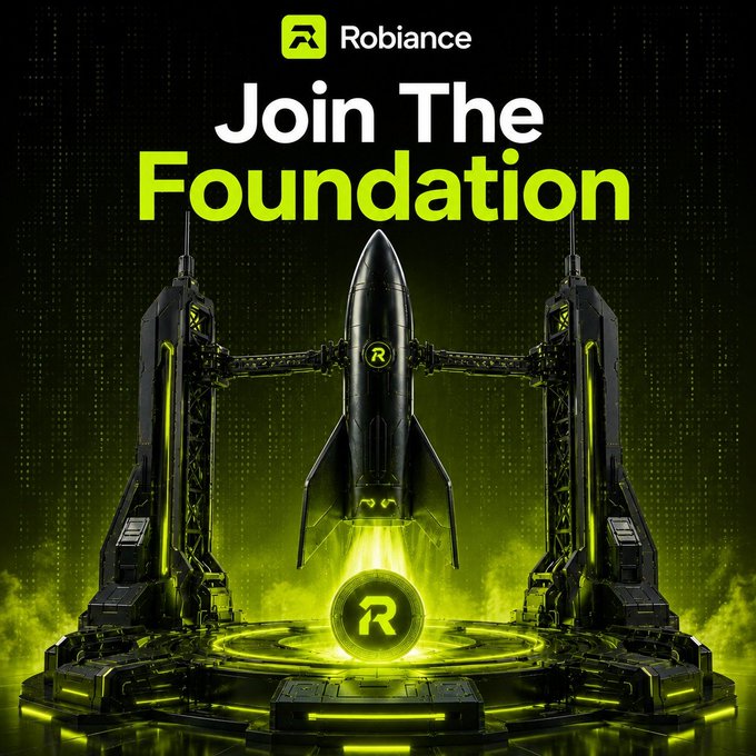 A dark promotional poster for Robiance featuring a glowing green rocket launching from a futuristic pad, with the text 'Join The Foundation.'